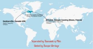 World map - miles between Gardnerville, NV and Osses, France