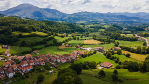 Aerial shot of the cozy town of Amaiur-Maya, municipality of Valle de Baztan, Navarra, Spain.